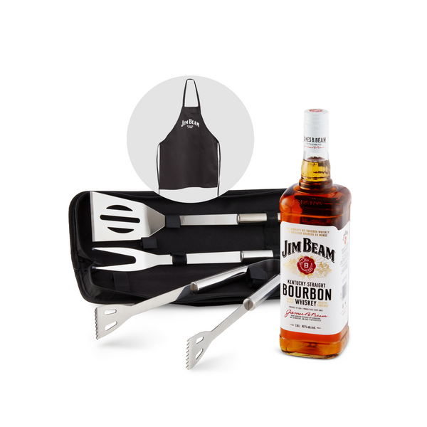 Jim Beam White Label Bourbon Whiskey FREE barbecue apron & tool set
